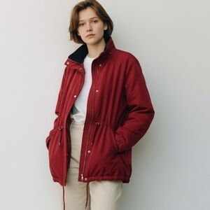 Liz Claiborne Red Utility Jacket Rain Coat Parka Stylish Drawstring Collar Warm